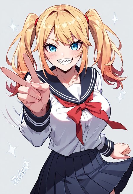 score_9, score_8_up, score_7_up, source_cartoon, character portrait, cowboy shot, solo, 1girl, looking at viewer, blond hair, twintails, medium hair, large breasts, white school uniform, skirt, 
peace, smile, blushing, motion lines, effects, sharp teeth, pose, dynamic pose, mid movement,