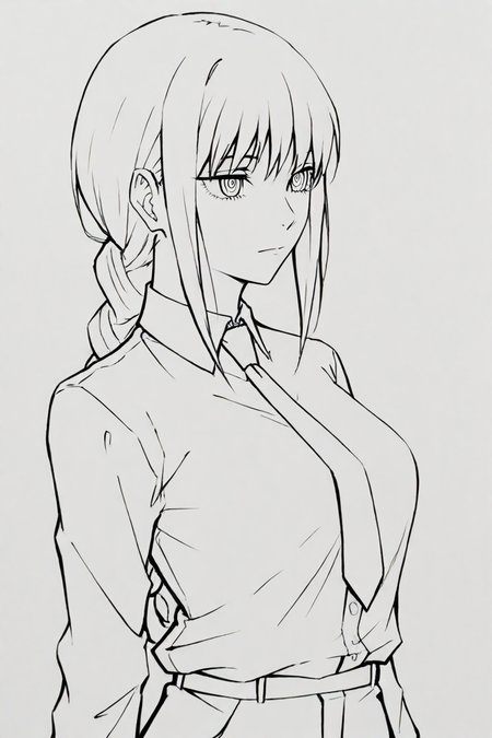 <lora:mak1ma0XL_Pony_v1:0.6> , mak1ma0, makima, long hair, ringed eyes, braid, white collared shirt,  necktie, pants, 1girl, solo, alone,  <lora:lineart_style_illustriousXL:0.8>, lineart, monochrome, greyscale,masterpiece, highres,