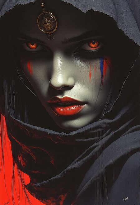 abstract photorealistic ink image in vivid, surreal colour glitch gradient, gold, red and blue colour scheme, a captivating female ninja warrior, detailed hazel eyes, red lips, black hood, night, chiascuro, directional light hitting one side of the face