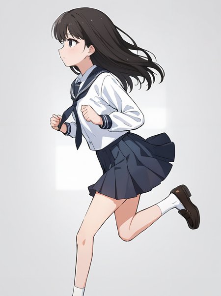 masterpiece,ultra-detailed,best quality,8K,illustration,cute face,clean skin ,shiny hair,girl,ultra-detailed-eyes,simple background, <lora:add-detail-xl:1> <lora:girl run_XL_V1.0:1> girl run, running,school uniform,thighs,from side