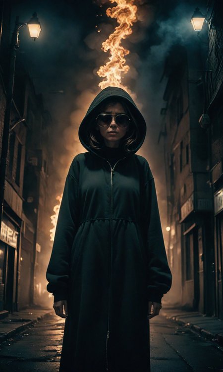 The most scary photograph in the world."a woman with a hood and sunglasses stands under a street light, 35mm film photo"The thing is standing in an empty street on fire at night, smoke around her holding her ears by Paul Lehr, hyper detailed photography, high quality, 4k hd, cinematic shot, full color camera, movie scene, cinematography <lora:Fast:0.69>
