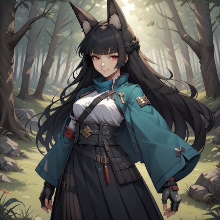 score_9, score_8, BREAK, solo, hoshimi, red eyes, black hair, very long hair, blunt bangs, braid, fox ears, green jacket, jacket on shoulders, single wide sleeves, fingerless gloves, mechanical arm, gauntlets, white shirt, black necktie, id card, black skirt, high-waist skirt, pantyhose, sexy pose, self portrait, smile, outdoors, sunlight, shadows, evening lighting, natural lighting, forest, trees, grass, orange sky, sunset