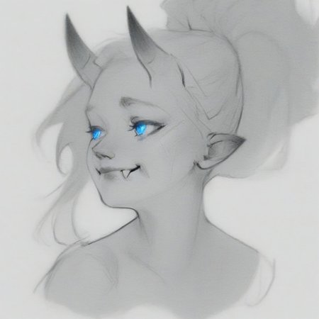 sketch, monochrome, greyscale, score_9, score_8_up, score_7_up, masterpiece, best quality, absurdres, vibrant, highly detailed, cropped portrait, 1girl, solo, Lynn Pink, blue eyes, ponytail, horns, pointy ears, fangs, (((adult))), small breasts, simple shirt, long sleeves, off shoulder, no bra, looking away, closed mouth, smile, white background, simple background