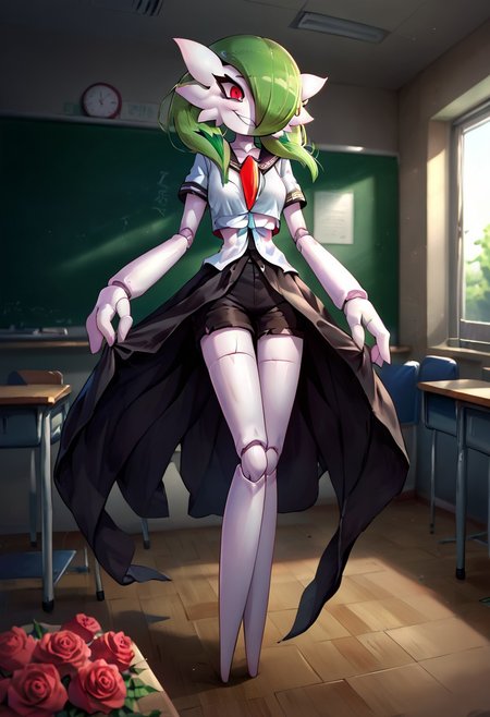 (((gardevoir))), female, anthro, pale white skin, score_9, score_8_up, score_7_up, source anime, , background, fancy school, classroom,, crazy, yandere, looking at viewer, depth of field, highly detailed, , green hair, red eyes, short hair with long locks, crazy eyes, Living Doll, looking at viewer,  solo, cowboy shot, full body,  horror, roses, black shorts, sailor shirt, doll, joints, bowing, smile,  detailed eyes, cute face,, (Masterpiece), (expressive eyes),