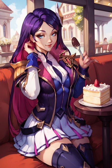 score_9, score_8_up, score_7_up, masterpiece, high quality, BREAK
 <lora:AC CaitlynPonyLoRA:1>acadecait, very long hair, hair ornament, colored inner hair, jacket, shoulder armor, shirt, single glove, skirt, thighhighs, badge, single knee pad, holding plate, cake, holding spoon, smile, happy, sitting in a cafe, flowers