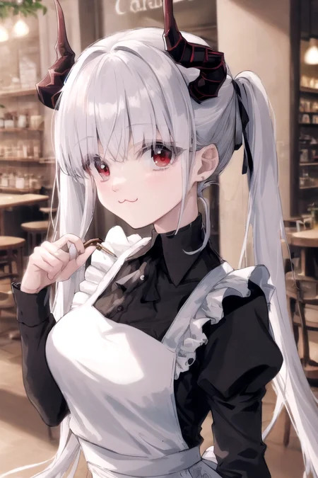 <lora:sarkazgirl-02:1>, BREAK white hair, horns, very long hair, twintails, red eyes, medium breasts, upper body, maid uniform, working in a busy cafe, (:3:1.4)