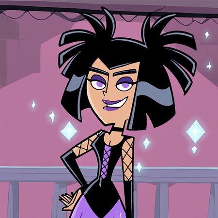 score_9, score_8_up, score_7_up, score_6_up, score_5_up, score_4_up, BREAK, (source cartoon), (rating safe), sam manson, two side up, 1girl, solo, smile, black hair, dress, purple eyes, hand on hip, makeup, lipstick, purple lipstick <lora:Sam_Manson:1>, indoors, 5 fingers