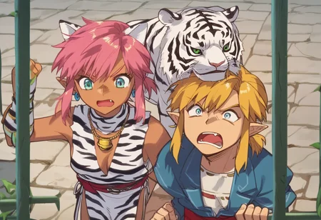 score_9, score_8_up, score_7_up, score_6_up, Masterpiece, source_anime screenshot, duo, 1 girl, 1 boy, vivid colors, full color, shiny and glossy, anime style, high-res, beautiful aesthetic, very intricate, high-quality details, vibrant, highly detailed, award-winning, professional, <lora:pink-ponyxl-v2:1>, 1 girl, single fang showing, sleeveless dress, white tiger print dress, pelvic curtain, cleavage, white cat ears, cat bell necklace, bright pink hair, tanned, white tiger tail, red sash, small breasts, leather shoes, detailed eyes, green eyes, detailed face, break, <lora:link:1> 1boy, link1, link, pointy ears, blonde hair, blue eyes, medium hair, side locks, earrings, short ponytail, blue hylian tunic, break, pink and link shouting, pink and link holding signs high above their heads, front view,