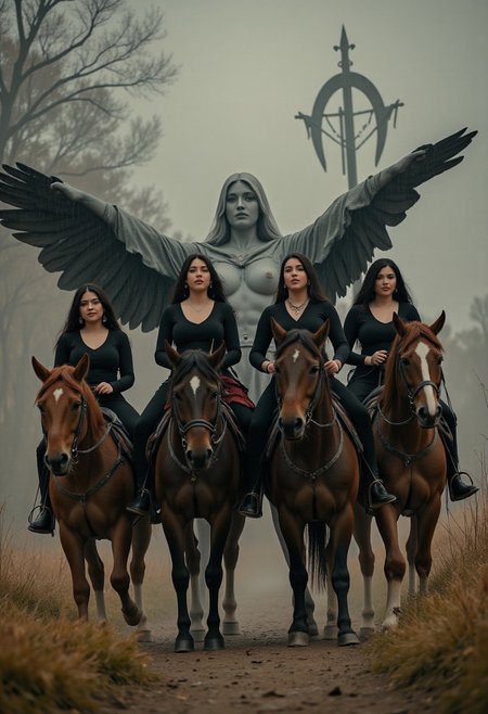 four beautiful women on horses representing the four horsemen of the apocalypse. A dystopian scene as the women ride the horses, dark angelic women,