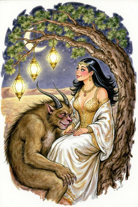 d0sn Illustration of a scene from Arabian Nights, rendered in intricate, colorful detail. A beautiful woman and a sleeping demon. The woman sits gracefully under a sprawling tree with lush, curving branches and hanging vines. She has striking, almond-shaped eyes, dark flowing hair, and wears elegant traditional attire with ornate jewelry that glimmers softly under the moonlight. Her expression is calm and serene as she gazes thoughtfully into the distance. Resting his head gently on her lap is a large demon with a powerful, otherworldly presence. The demon, though fearsome in size, appears vulnerable as he lies beside her. His skin has a muted, earthy tone, and his features--sharp and beastly--are softened by a look of weary contentment. His claws are retracted, and he exudes a mixture of strength and peace in her presence. The tree's twisted branches arc above them, framing the scene like a natural canopy. Golden lamps hang from the tree, casting warm, soft light, illuminating the two figures in a magical glow. The background is a deep, starry night, with hints of distant desert dunes and a crescent moon overhead, creating an enchanting and mystical ambiance that draws the viewer into this world of fantasy and myth.  <lora:d0sn_illus7_cap_d6a3:1.0><lora:805816593218201693:0>