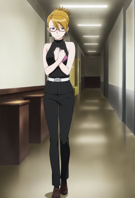 anime screencap,anime coloring,detailed face,masterpiece,best quality,very aesthetic,absurdres,volumetric lighting,official style,amazing quality,ultra detailed,highres,amazing quality,scenery,beautiful detailed hair,beautiful detailed eyes,<lora:Adrian Andrews-IL V1:1>,
Adrian Andrews,1girl,solo,blonde hair,indoors,brown eyes,semi-rimless eyewear,under-rim eyewear,
black pants,black sleeveless turtleneck,white belt,brown shoes,folded ponytail,