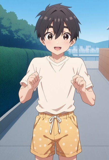 score_9, score_8up, 1boy, solo, smiling, outside, park, clapping, rentarou_aijou, black hair, brown eyes, short hair, hair between eyes, bangs, fishnet shirt, yellow shorts, polka dot shorts, dic style, vintage, cartoon