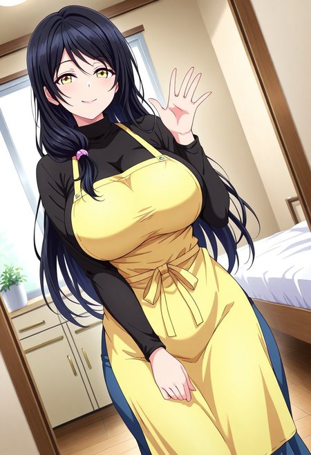 general,highres, ultra-detailed,very aesthetic,best quality ,best hands,best eyes,easynegative,
dynamic anglre, dutch angle, anime cloring,
1girl solo,looking at viewer,smile,bedroom, standing, waving hand, 
Sera no Haha,black_hair, long_hair, yellow eyes, huge_breasts, shushu,shirt, skirt, apron,
