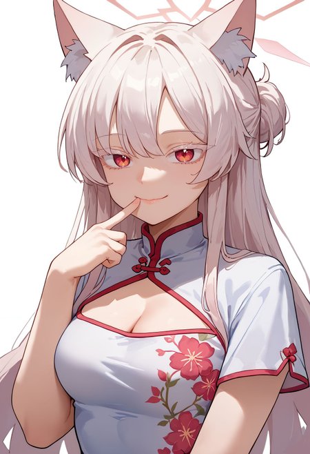 score_9,score_8_up,score_7_up,<lora:kiyosumi_akira_blue_archive_pdxl_goofy:1>akiraBa, 1girl, pink halo, medium breasts, colored eyelashes, white dress, white background, smile, chinese clothes, simple background, cleavage cutout, short sleeves, looking at viewer, china dress, upper body, floral print, closed mouth, alternate costume, finger to mouth, cat girl,white hair,