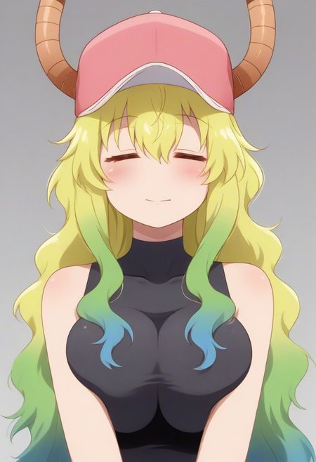 source_anime BREAK solo, 1girl,female, lucoa, blonde hair, blue hair, dragon girl, gradient hair, green hair, hair between eyes, horns, horns through headwear,pink hat, hair over eye, black tight tanktop,,closed eyes,<lora:Elbow_Squeeze__Concept_Lora-000007:1>,