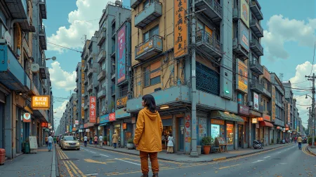 a cyberpunk futuristic street beautiful  landscape, day, woman, very intricate, very detailed, sharp, bright, colorful, <lora:Hand v2:0.5> <lora:Anti-Blur:1><lora:Insane Detail Slider:0.25>  <lora:flux.1_lora_flyway_Epic-detail_v2:0.3> <lora:fluxenhancer:0.25> <lora:Blue_Future:1>
