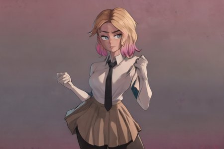 gwen, 1girl, black legwear, black necktie, blue skirt, breasts, collared shirt, cowboy shot, gradient, gradient background, looking at viewer, medium breasts, multicolored hair, necktie, pantyhose, pleated skirt, shirt, short hair, skirt, solo, standing, white shirt, white background, clear background, <lora:SVerse_Gwen-DEF:0.8>