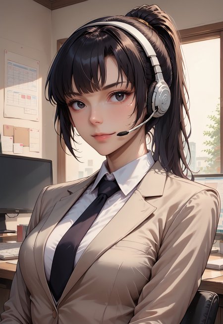 Score_9_up, score_8_up, score_7_up, source_realistic, portrait, BREAK, 1girl, solo, meiling, black hair, ponytail, bangs, black eyes, collared shirt, tie, suit, sitting, office, interior, computer screens, equipment, half smile, facing viewer, headset,