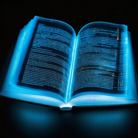 realism photo of a translucent, transparent, clear, thick dictionary book made of glowing acrylic gel, incredible vibrant iridescent colors, heatmap, infrared, sharp fantastic realism magical hyper detailed internal led lighting, shining reflective black glass background, flawless clarity, deep glow, dramatic high contrast