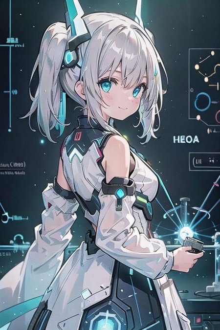 (masterpiece), (science fiction:1.4), 1girl, her back turned, smile, silver hair, aqua eyes, headgear, long sleeves, detached sleeves, glowing energy clothing, light particles