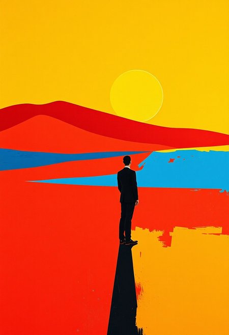 A sharply dressed man standing alone in a vast, flat, brightly colored landscape, his black-and-white figure contrasting starkly against the vivid abstraction of rolling red hills and a golden sun.
minimalist abstract landscape with bold geometric color fields, vibrant warm yellows, deep blues, and rich reds, flattened perspective with simple expressive brushstrokes, meditative composition with poetic emotional depth