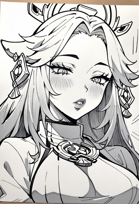 (masterpiece), (best quality), (ultra-detailed), 
1girl, solo,  gorgeous lips, an elegant face, 
light particle, particle, shadow,  
Demon Slayer, Kimetsu no Yaiba, Nezuko, detailed lips , black detailed pupils, puffy lips, wide lips thick lips, big lips, large lips, parted clothes , open clothes, neckline ,  upper body ,  Genshin impact, Yae Miko,
simple background, background white sheet of paper, 
monochrome, greyscale, traditional media,  petting, drawn with pencil, sketch, detailed lines, 
sketch, manga page, manga style ,
pencil sketch style, soft shading, soft delicate features,  soft shadow on body