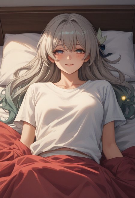 score_9, score_8_up, score_7_up, socre_6_up, score_5_up, best quality, expressive eyes, perfect face, ratting_safe, , d3p1x3l, pixel art, scenery, solo,score_9,score_8_up,score_7_up, solo, soft light, high res, super detailed, 1girl, bedroom, alarm clock, morning routine, , smile, blush, looking at viewer, laying, on bed, dynamic pose, solo, cowboy shot, white tight shirt, blanket over body, Firefly_Honkai,, , grey hair, long hair,