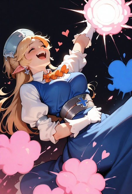 1girl, solo, yukaridef, hat, cross earrings, blue dress, orange ascot, white shirt, white gloves, holding grenade, laughing, leaning back, closed eyes, dark background, pink explosion, heart background, feet out of frame, three quater view, backlightling, masterpiece, best quality, very aesthetic, absurdres