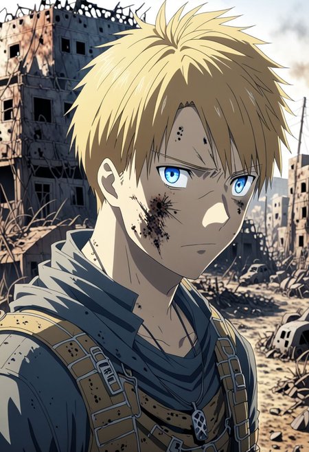 high resolution, solo, best quality, 1Boy, Yamato Ishida, Blond Hair, Blue Eyes, Necklace, shallow depth of field, Post-Apocalyptic, survival, OverallDetail