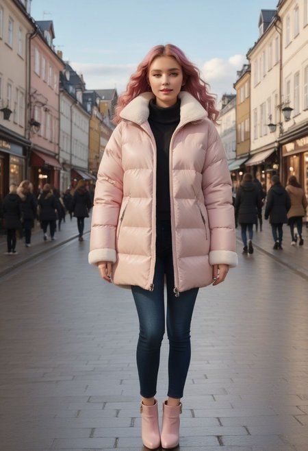 white Oversized shearling padded down jacket, white Oversized shearling padded puffer jacket, white Oversized shearling padded down coat, white Oversized shearling padded puffer coat, Oversized shearling padded winter clothes, very very cold, realistic, feet out of frame, standing, walking, 1girl, solo, masterpiece, illustration, beautiful detailed sky, beautiful-detailed eyes, eyeliner, eyelashes, arrogant, half-closed eyes, condescending look, condescending satisfied look, condescending light smile, seductive look, lookng at viewer, cinematic light, ultra detailed, disheveled hair, pink hair, long hair, light blue eyes, curly hair, middle breasts, pink choker, bracelet, wet, day, sky, sunlight, (pressure cuffs:1.8), (pressure collar:1.8), (Thick padded cuffs:1.4), (Thick padded collar:1.4), <lora:Collar-SDXL:0.75>, <lora:Cuffs-SDXL:0.75>, <lora:fashion_lora:0.6>