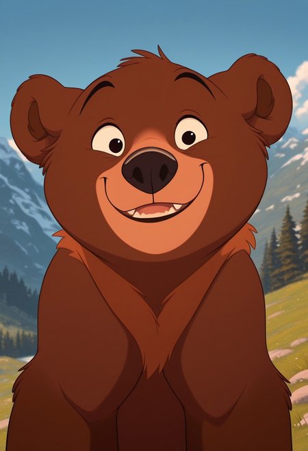 masterpiece, best quality, amazing quality, koda, solo, 1boy, bear, dark brown fur, orange neck fur, orange muzzle, dark brown legs, dark brown paws, smile