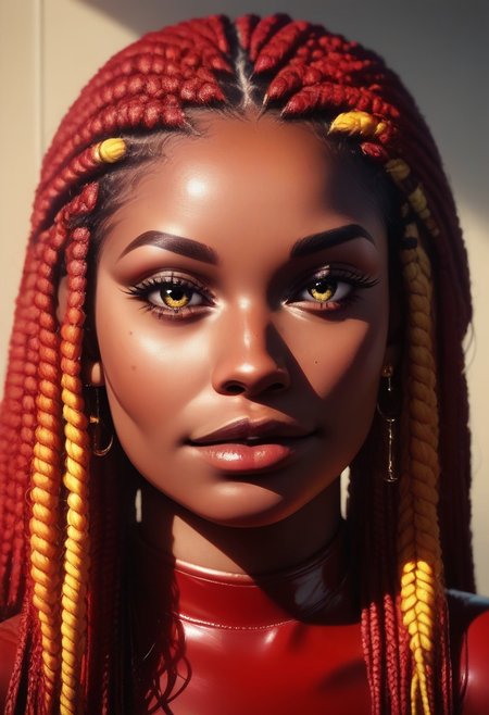 score_9, score_8_up, score_7_up, 1 woman, dark skin,  black2yellow box braids, long thick box braids, portrait,close up, b0ll4nd, beautiful, supermodel, red latex bodysuit, large orange earrings, DRKDL, dramatic lighting,skin texture style, detailed skin pore, detailed skin, realistic skin