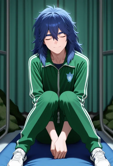 masterpiece, best quality, , (photorealistic:0.6), looking at viewer, 1boy, solo, male focus, <lora:yui_kemono_jihen_ilxl:0.98>, yui_kemono_jihen, blue hair, blue eyes, long hair, hair between eyes, bangs, thick eyebrows, , focused, hospital, dawn, knees together feet apart, (closed eyes:1.2), smile, Dark green Mosaic Slim-fit track pants, Pinstripe Moss Green Track jacket, High-top sneakers, , and