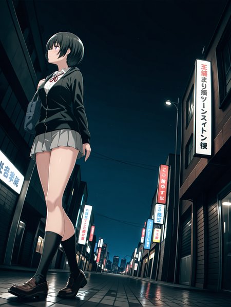 masterpiece,best quality,newest,
1girl,solo,
<lora:k_short_ilxlv1.2:1>,k_short,black hair,bob cut,purple eyes,hair between eyes,
k_clothes,white shirt,red ribbon tie,black jacket,grey pleated skirt,black socks,loafers,
<lora:Fixhands_anime_bdsqlsz_V1:1>,city,cityscape,downtown,full_shot,wide_shot,night,walking,bag,looking_ahead,cinematic_angle,dynamic_angle,dutch angle,fisheye,from_side,profile,