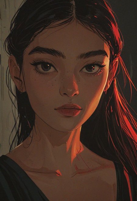 impactful paint of a young greek woman, from the side, looking at viewer, serene satiated expression, natural rim lighting, vibrant colors, reflections in eyes, <lora:The_Pulp_Session:0.8>,