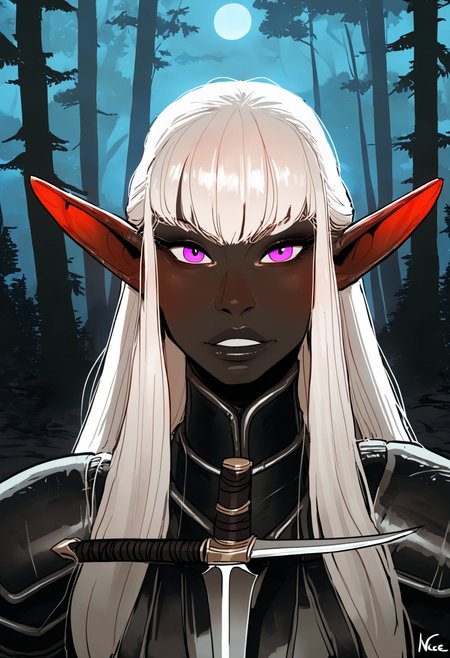 score_9_up, source_ anime, ratatatat74_style, incase_style,opossumachine_style,1girl,  black skin, purple eyes, looking at viewer, white hair, long hair, straigt hair, forest, night, leather armor, dagger, elf hears,