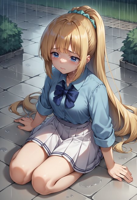 score_9, score_8_up, source_anime, 1girl, solo, KaruizawaBase, ponytail, hair scrunchie, school uniform, blue shirt, bowtie, white skirt, on floor, stone floor, outdoors, rain, crying, sad, tears, <lora:ChamKeiKaruizawaPonyXL:1>