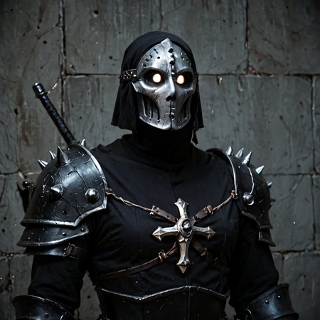score_9, score_8_up, score_7_up, score_6_up, score_5_up, score_4_up, rating_safe,source_photo,source photo,a dark knight with spiked black armor and a helmet holding a black energy sword in a gloomy castle ,gothic horror, <lora:PonyrealX2:1>