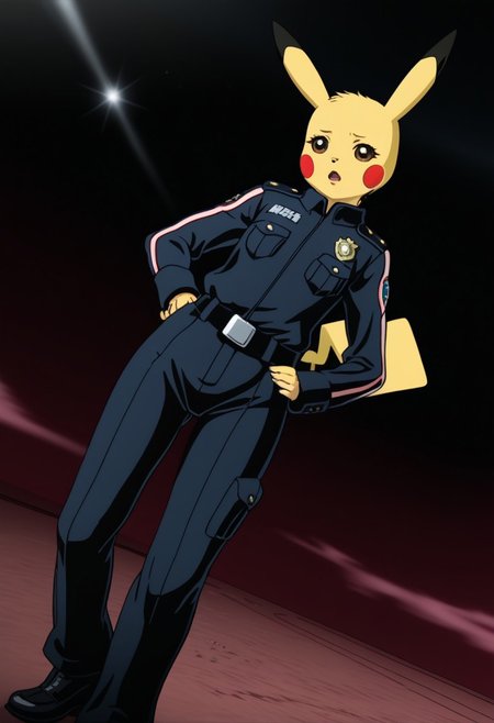Pikachu , military suit, space police, animation, 1girl, perfect body, side biew, from angle, pose, surprized