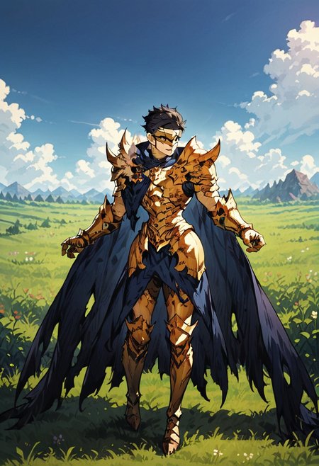 score_9, score_8_up, score_7_up, best quality, masterpiece, knisterne, 1boy, solo, greaves, face mask, armor, shoulder armor, knight cape, gauntlet, torn cape, short hair, black hair, outside, field,blue_sky, grass, looking up to the sky