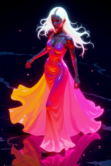 Glo-fi Art Style, A digital painting featuring a (from above, isometric view:1.3) of a semi-realistic beautiful slender young Austrian female character Alexandra,  dances faintly, gracefully in dynamic pose, her glowing white long hair highlighting her face and skin with white light, flowing in soft waves as if moved by a gentle breeze. (She has a fair, almost ivory  skin tone). She wears a (long sleek flowing dress that appears to glow brightly in hues of bright white at the top and hair, saturated fiery orange in the middle and glowing white bottom of the hem), creating a vibrant gradient of glowing colors against the dark immensity of cosmos with tiny stars background . Very dim lighting, dark environment. Her long sleek brightly glowing glossy dress appears to radiate light illuminating polished dark marble below. Her body posture is confident and elegant. Her expression is calm with a (gentle smile:1.2). The overall neon lighting effect and the soft yet vibrant color transitions create a futuristic and dreamlike atmosphere., dynamic, dramatic, vibrant colors, glo-fi art style. <lora:DGLO_style_v.6:0.99>