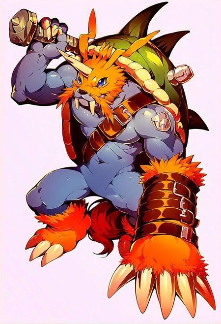 score_9,score_8_up,score_7_up,score_6_up,score_5_up,score_4_up, Zudomon, Male, solo, shell, holding hammer, belt, digimon (creature), signal horn, fangs, simple background, full body, blue eyes, smiling