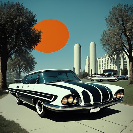Score_9, score_8_up, score_7_up, score_6_up, BREAK  <lora:Abstract_Retro_Future_MoviePony:1> ArsMovieStill, Movie still from an abstract retro future movie, The image is a digital illustration of a black vintage car parked on a checkered floor. The car is in the center of the image with a large orange circle in the background. The background is a gradient of blue and orange with trees and buildings on either side of the car. The sky is a deep blue and the sun is shining brightly in the top right corner. The overall color scheme is predominantly blue orange and black with some hints of white and gray. The image has a retro and vintage feel to it., car, vehicle focus, motor vehicle, no humans, ground vehicle, sports car, tree, outdoors