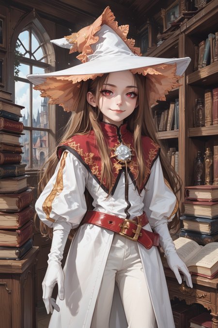 score_9, score_8_up, score_7_up, source anime, <lora:backgroundsetXL:0.3> , indoors, interior, BREAK, solo,  <lora:RosaryEsmeraldaPonyXL:0.65> , RosaDef, brown hair, long hair, red eyes, white witch hat, white dress, red belt, juliet sleeves, white gloves, white pants, ((cowboy shot)), <lora:ph4nt0m01lXLP:0.6> , ph4nt0m01l, ((witch)), potions, castle background, window,  wisps, shelves, books, bookshelves, clutter, detailed background, runes, magic, ghostly, looking at viewer, smug, smirk, grin, closed mouth, long sleeves,