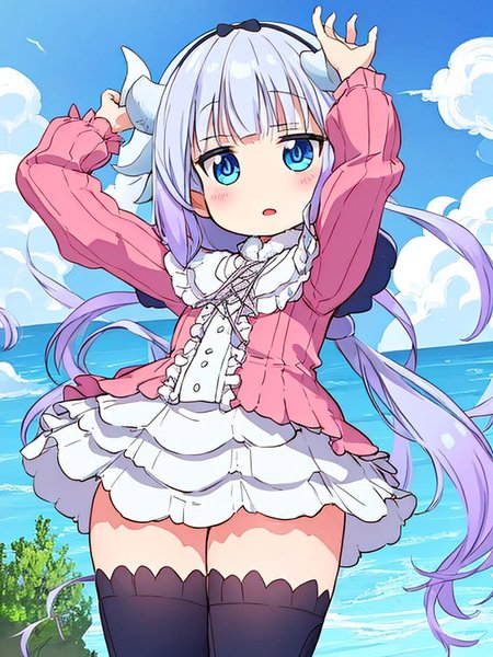 kanna, dragon_girl,, original,(illustration:1.1),(best quality),(masterpiece:1.1),(beautiful and clear background:1.25),(extremely detailed CG unity 8k wallpaper:1.1), (colorful:0.9),(depth of field:0.75),( ink splashing:0.95),(color splashing:0.85),(watercolor:0.65),
\\
(cowboy shot:1.4),blue (school uniform:1.4),
1girl, bangs, :d, brown hair, blue_eyes, dress, earrings,looking_at_viewer, neck_ribbon, long hair, smile,
\\
classroom, indoor, sunny, detailed blue sky,
 <lora:kannaKamui_v1:0.8>