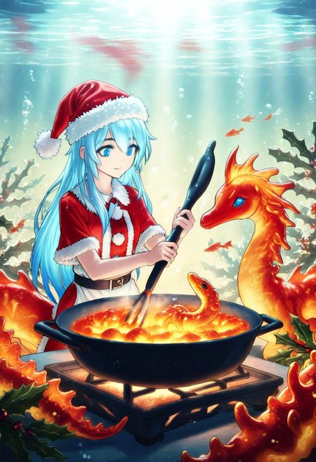 masterpiece, best quality, high quality, good quality, boy, long hair, blue eyes, blue hair, animal, Seahorses, christmas animals, cooking, underwater, glowing corals, festive ambiance, bioluminescence, holiday theme, detailed, intricate details, dynamic lighting, festive accessories, Santa hats, christmas animals, d2j3m0x