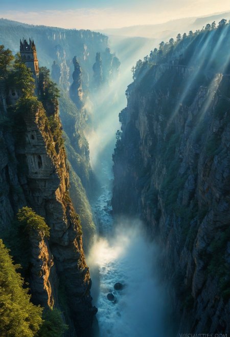 towers ringed in mist, sunrays, mixed media, surrealism, fantasy, great lighting, A surreal landscape highly detailed, extremely high-resolution details, appears trapped in an optical illusion of reflections and refractions colorful, Zhangjiajie mountains,  Vienna in contemporary Austria, stone bridges, winding rivers extending to the horizon, professional photography, natural lighting, volumetric lighting maximalist. vivid, vibrant colors, intricately detailed, complex, elegant, expansive, fantastical, film photography style, medium grain, cmnt
 (8k uhd:1,4)