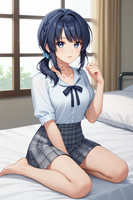 score_9, score_8_up, score_7_up, source_anime, rating_safe, intricate details, official style, 1girl, solo, <lora:Tsukimizaka_Kiriha:1>, kiriha, blue eyes, blue hair, low ponytail, srunchie, white shirt, collarbone, black_ribbon, neck_ribbon, rolled-up sleeves, grey skirt, plaid skirt, barefeet, looking at viewer, indoor, full body, kneeling, on bed, blush, parted lips, five fingers