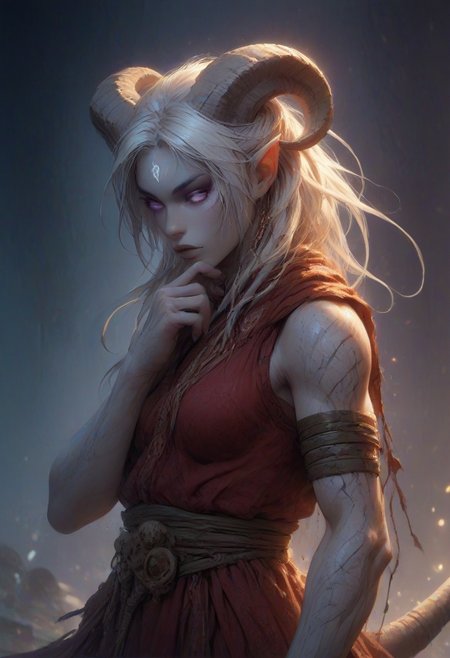 (absurdres, best quality, masterpiece:1.4), score_9, score_8_up, score_7_up, score_6_up, detailed, detailed body, detailed face, world of warcraft, fantasy, <lora:add-detail-xl:1.5>, 
fFaceDetail, SkinDetail, ((female, draenei, tall, athletic arms, pale white skin, smooth skin, long white hair, purple eyes, no pupil, no sclera, long white tail), (h0rns, ram horns, white horns), 
(long fingers, purple fingernails, purple nail polish)), 
(long loose red dress, simple armlet, black facemask, red silk scarf), GunMonk, shotgun, 
full body, side view
outdoor, evening, mountains,
