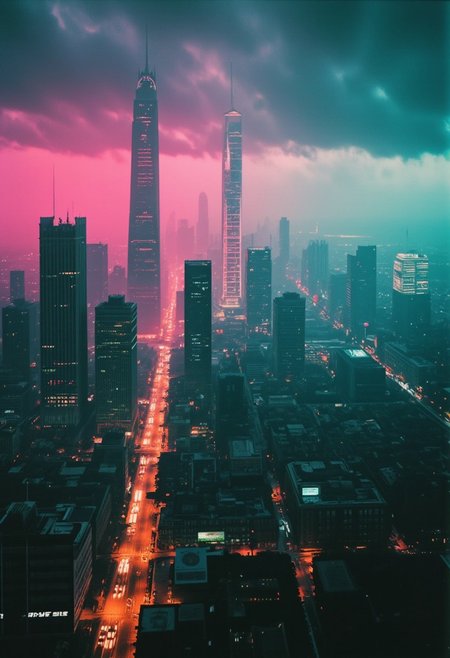 lith_mimosa_kiel_grw134_FLUX, From high above, the Blade Runner-inspired megacity sprawls beneath a thick layer of fog and rain, extending endlessly to the horizon. Towering skyscrapers with neon-lit façades pierce through the mist, their holographic billboards flickering in shades of pink, green, and electric blue. Streams of light weave through the streets like rivers of color, guiding automated vehicles along rain-slick roads far below. Massive, angular buildings rise and fall in chaotic clusters, each layer of the city adding to its dense, labyrinthine complexity. The air is heavy with pollution, creating a hazy glow that blurs the distant edges of the metropolis, where the city’s reach seems to dissolve into an endless sea of lights. As the neon glow blends with the rain-smeared atmosphere, it paints the entire landscape in a surreal, moody palette—a vision of a vast, technologically vibrant yet eerily lifeless world.
